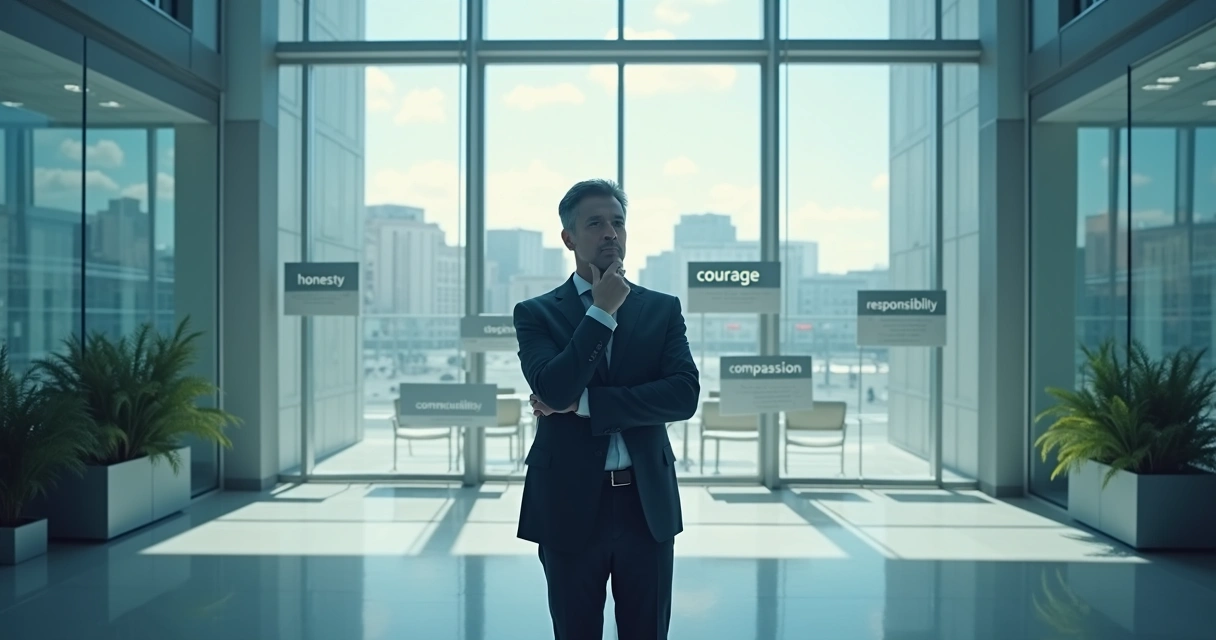 A decision-maker considering multiple paths, each labeled with a different value like honesty, courage, and responsibility, in a spacious modern office 