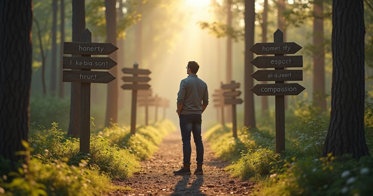 Man standing at a crossroads with different paths symbolizing values 