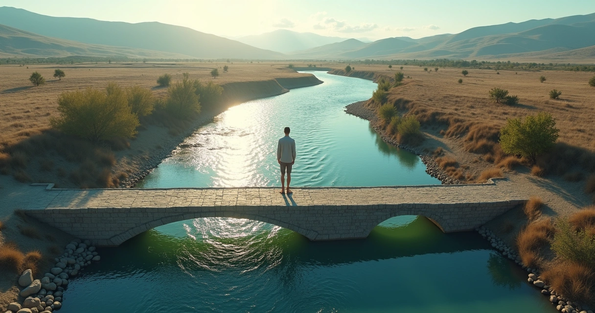 Overhead view of a person on a bridge between two rivers forming an interwoven pattern 