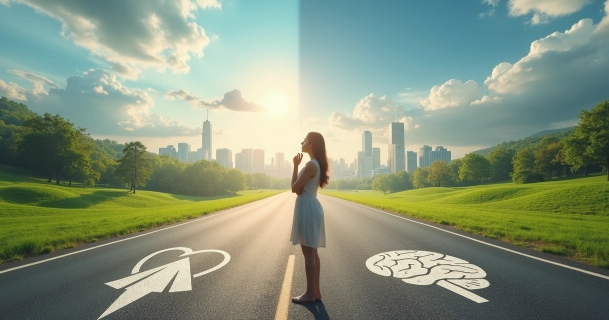 Woman standing at crossroads with city on one side and nature on the other