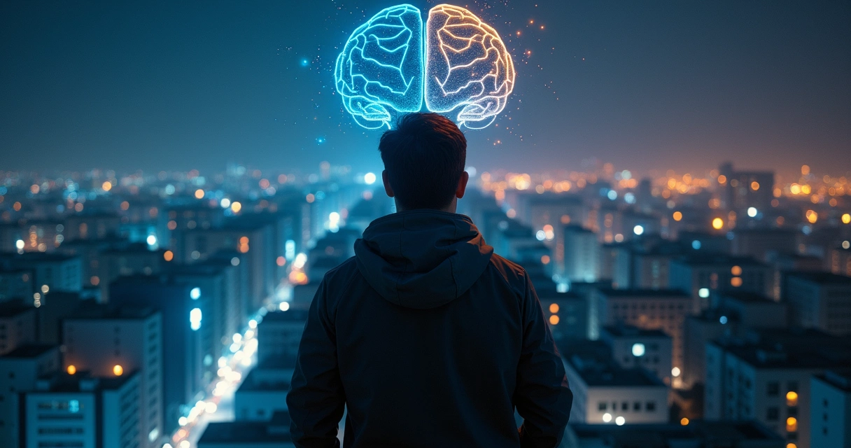 Persona frente a panel de caminos luminosos representando decisiones automáticas y conscientes 