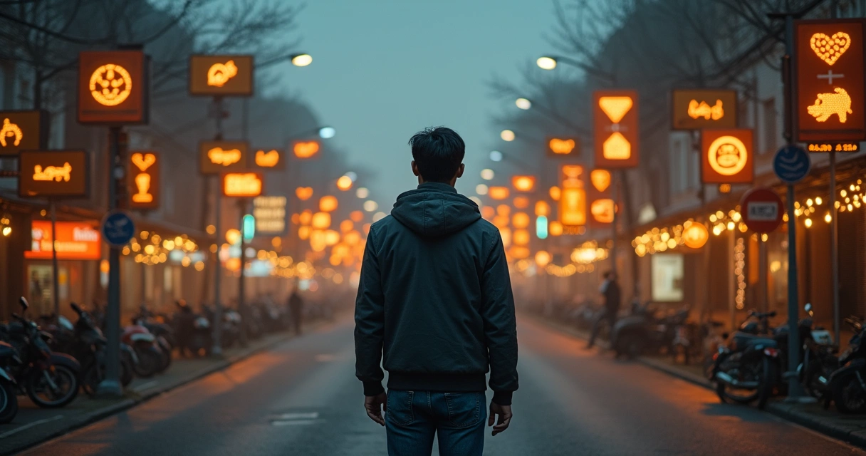 Persona tomando una decisión rodeada de símbolos culturales 