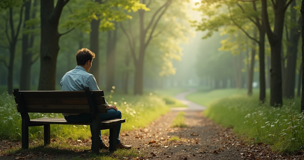 Adulto sentado solo mirando diferentes caminos en el bosque 