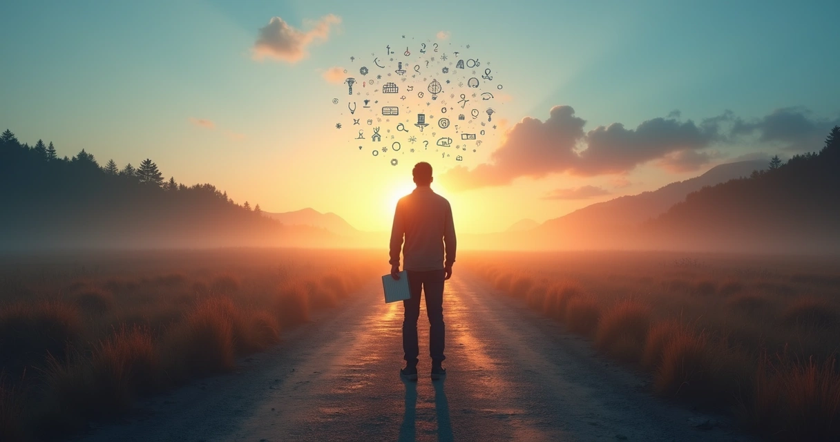 Persona frente a varios caminos difusos tomando una decisión consciente 