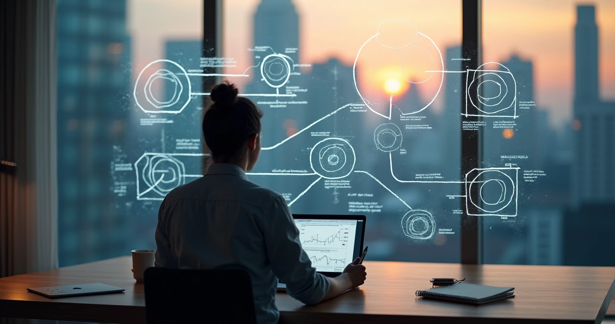 Persona analizando decisiones complejas frente a un panel con diagramas y conexiones 