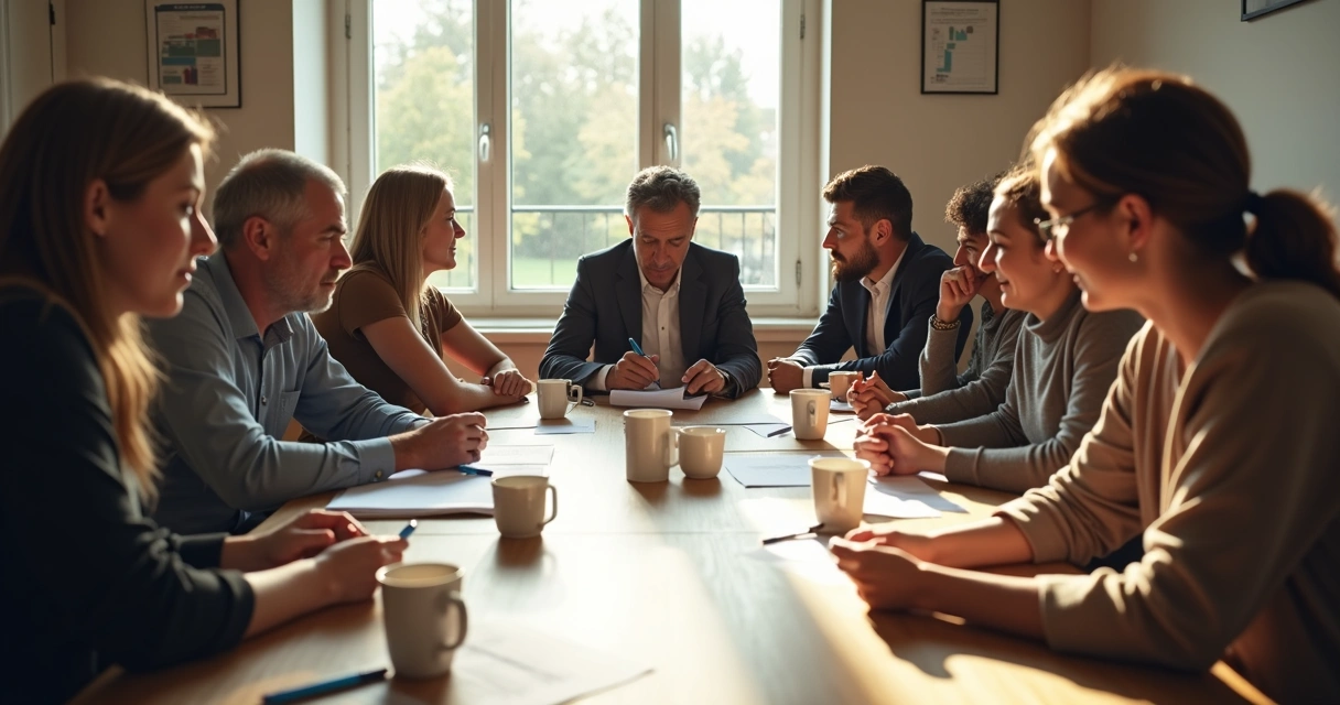 Personas reunidas alrededor de una mesa debatiendo decisiones colectivas