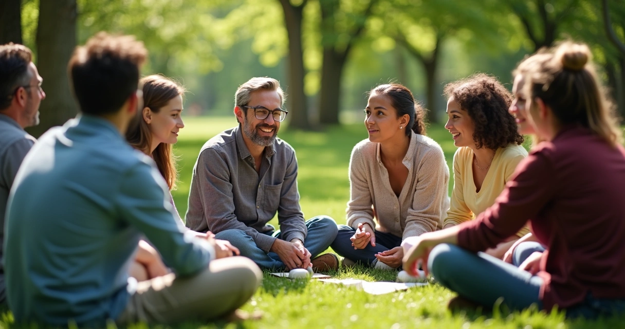 Personas en círculo debatiendo en un parque comunitario 