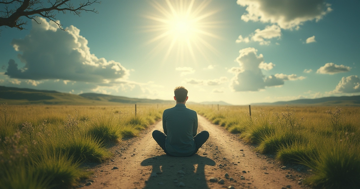 Persona reflexionando ante una bifurcación simbólica de caminos 