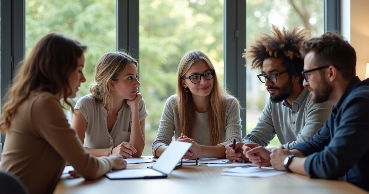 Equipo de personas reunido alrededor de una mesa decidiendo en conjunto con actitud reflexiva