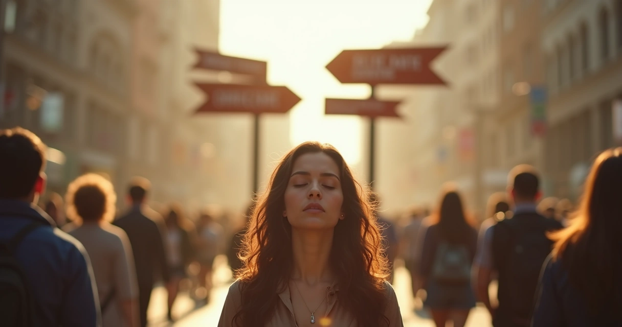 Persona tomando una decisión con conciencia rodeada de opciones 