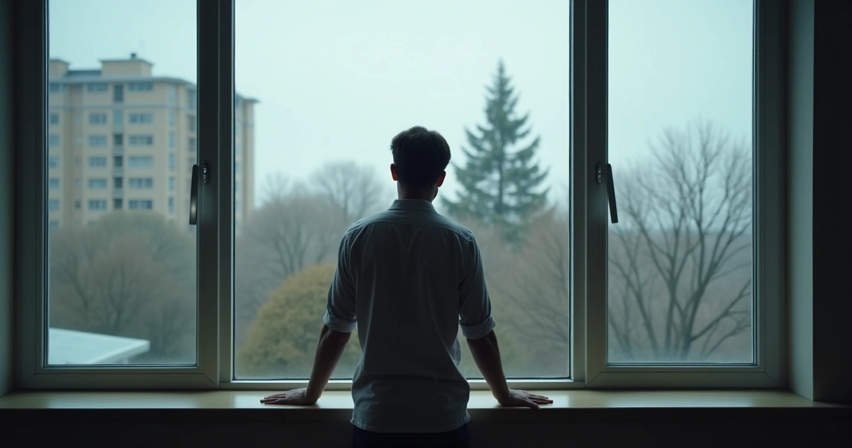 Persona reflexionando frente a una ventana en día nublado 