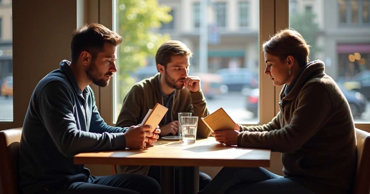 Tres personas sentadas en una cafetería, pensando y conversando mientras eligen entre diferentes opciones en el menú