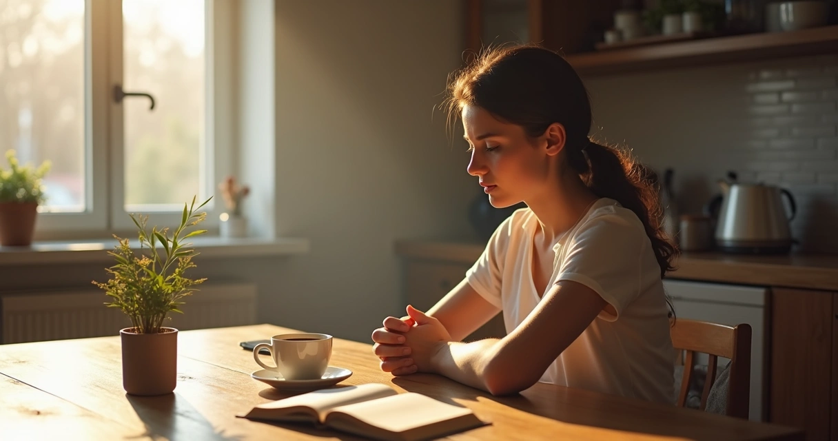 Persona pensando sentada frente a una taza de café, luz suave entrando por la ventana, ambiente hogareño tranquilo