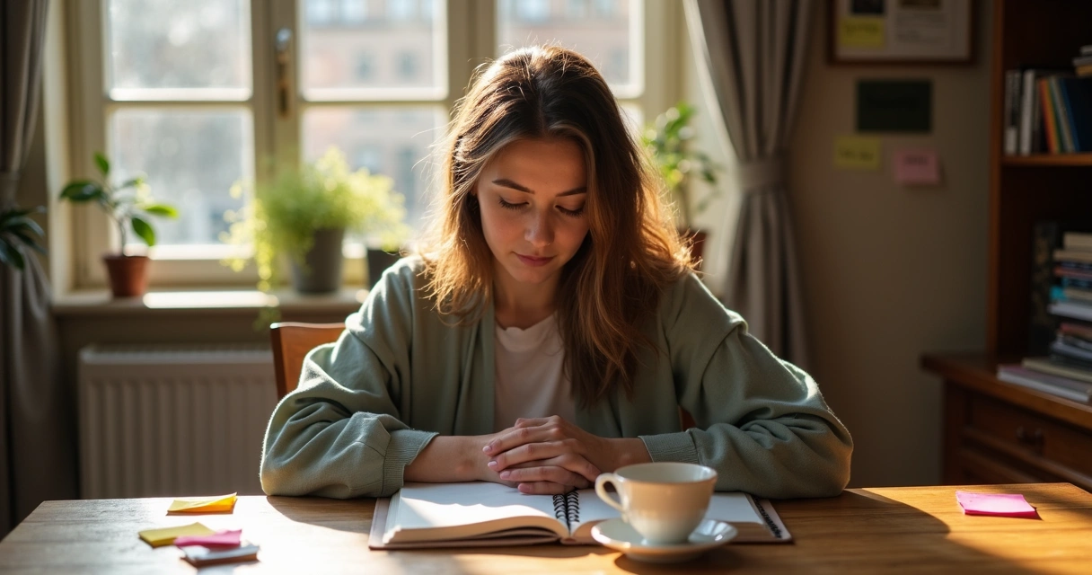 Persona reflexionando sobre decisiones cotidianas en su escritorio 