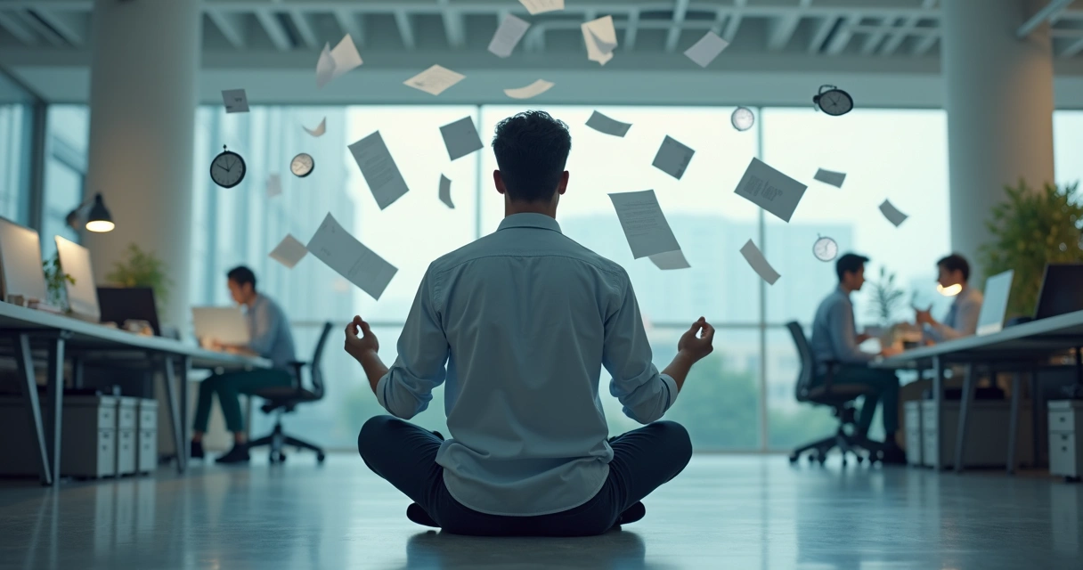 Persona meditando sentada, rodeada de elementos de oficina como documentos y computadora, demostrando serenidad en un ambiente laboral 