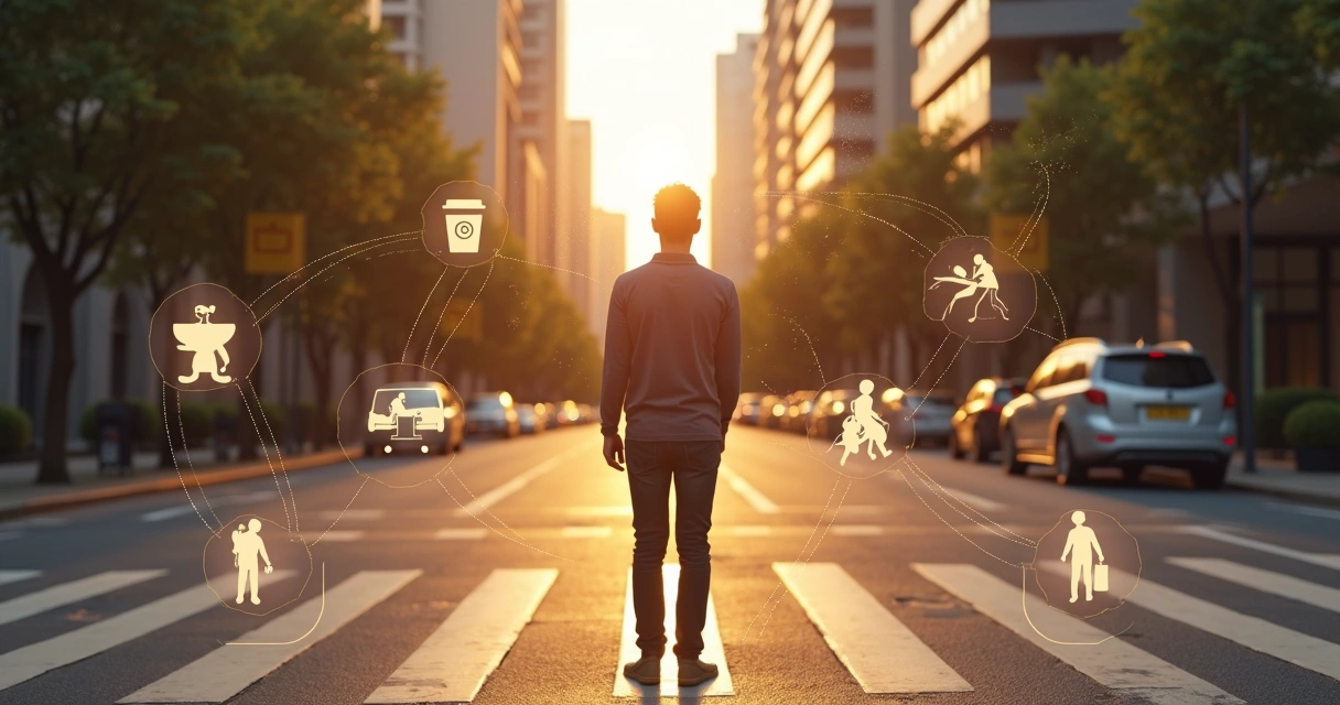 Persona en un cruce de caminos urbano conectada a una red de relaciones y decisiones 