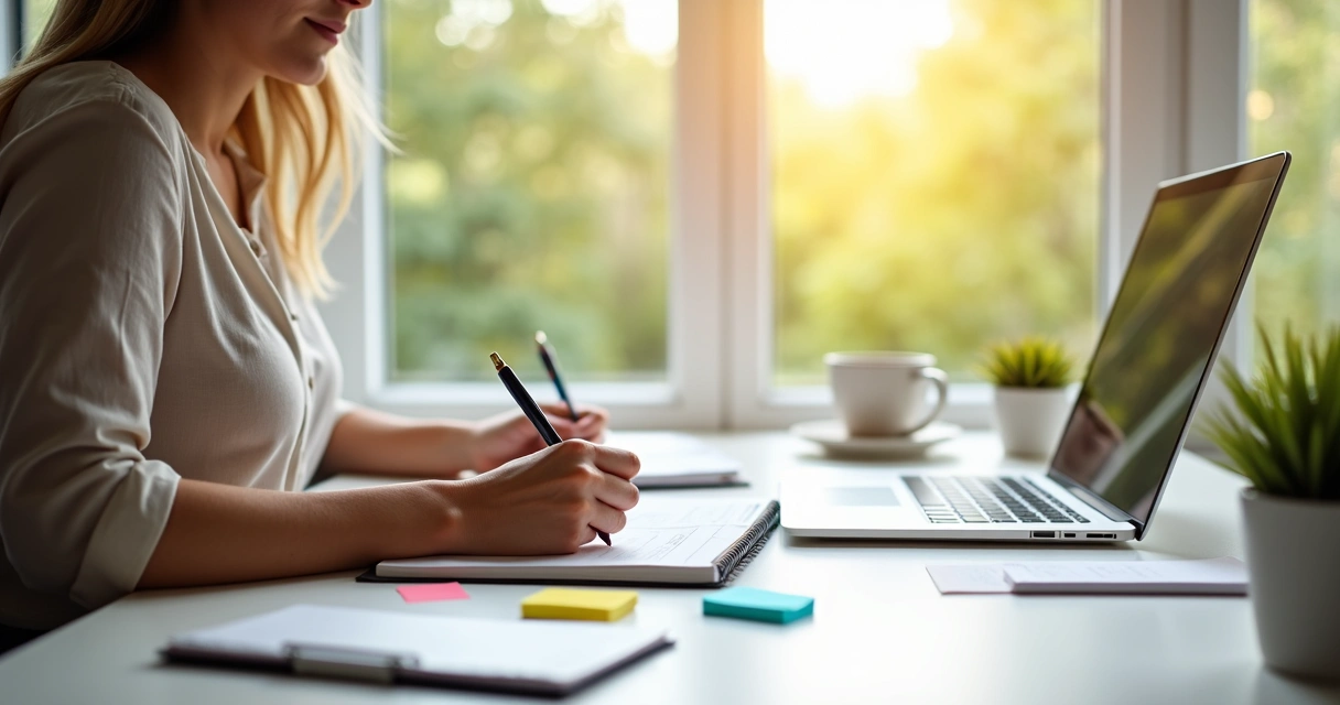 Persona revisando agenda diaria y tomando notas en escritorio