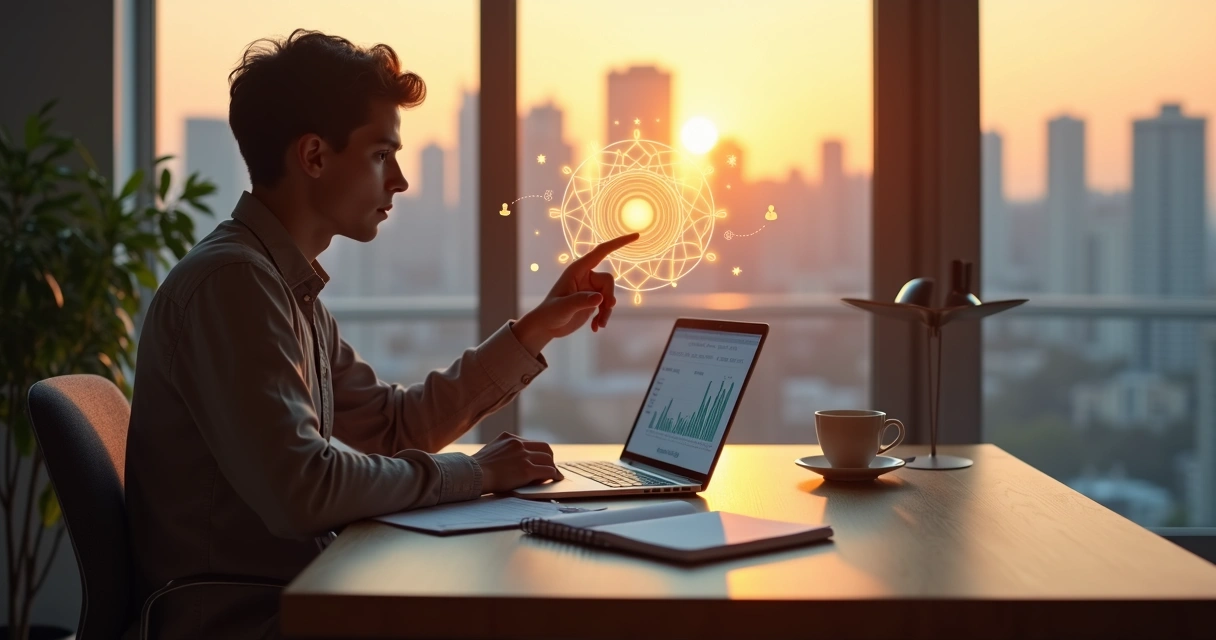 Persona analizando finanzas rodeada de símbolos de consciencia y equilibrio 