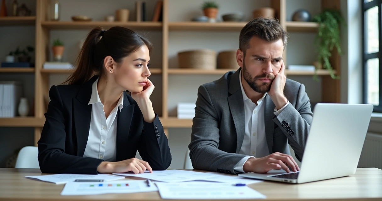 Dos personas revisando documentos en una oficina, concentrados, uno con expresión reflexiva y el otro serio. 