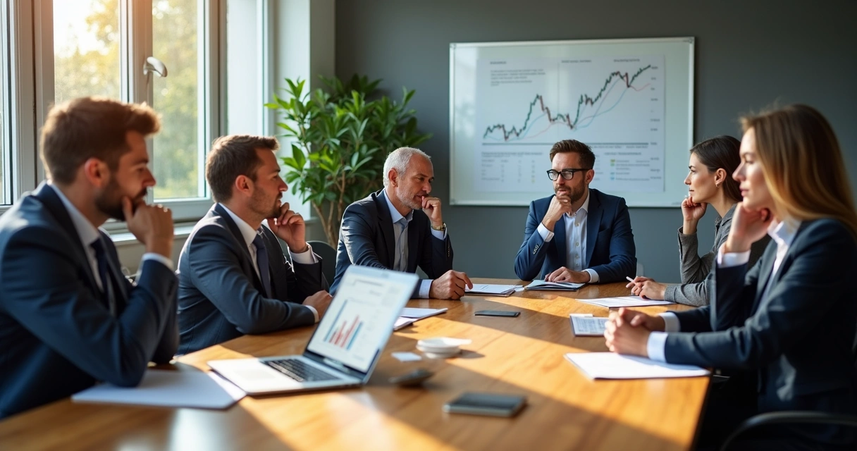 Personas en una reunión empresarial mirando un gráfico con expresiones serias y pensando 