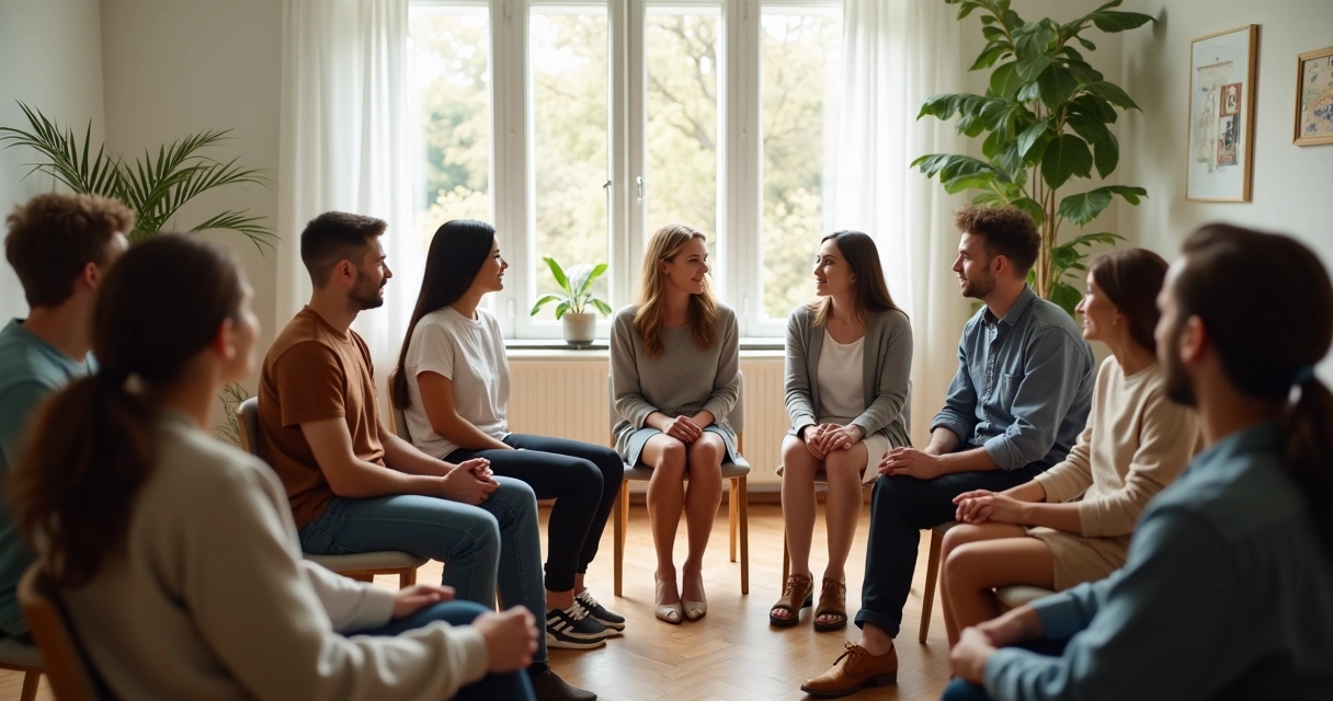 Personas conversan en equilibrio, transmitiendo madurez emocional
