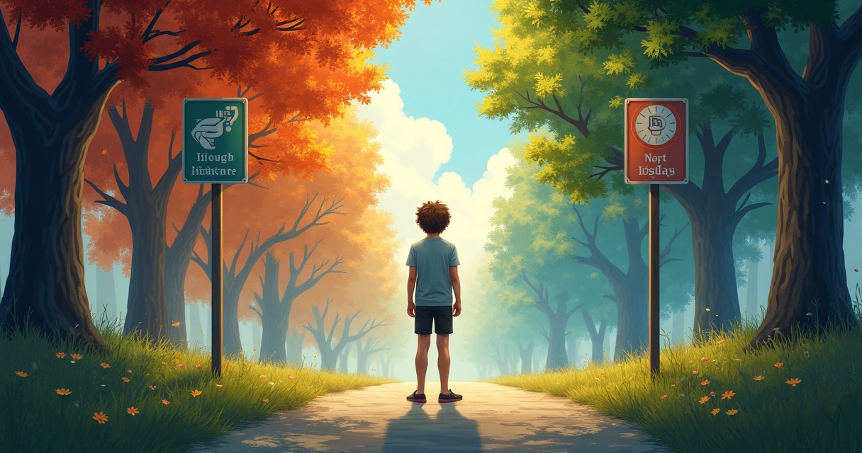 Persona joven pensando frente a dos caminos opuestos 