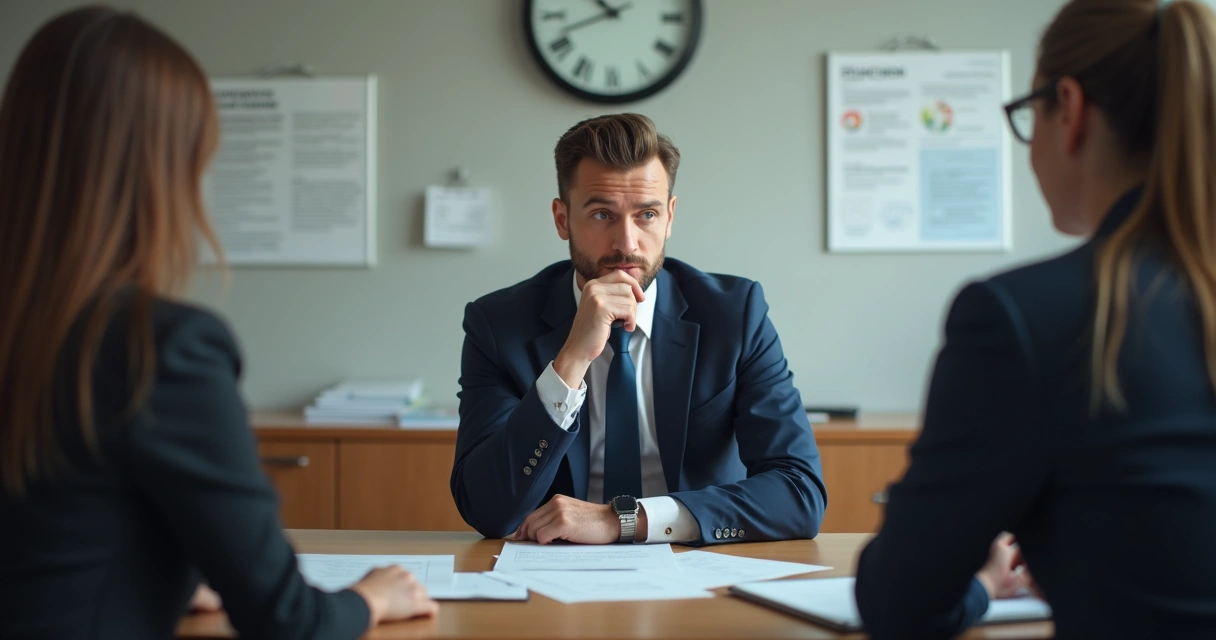 Persona reflexionando antes de firmar documento junto a equipo profesional