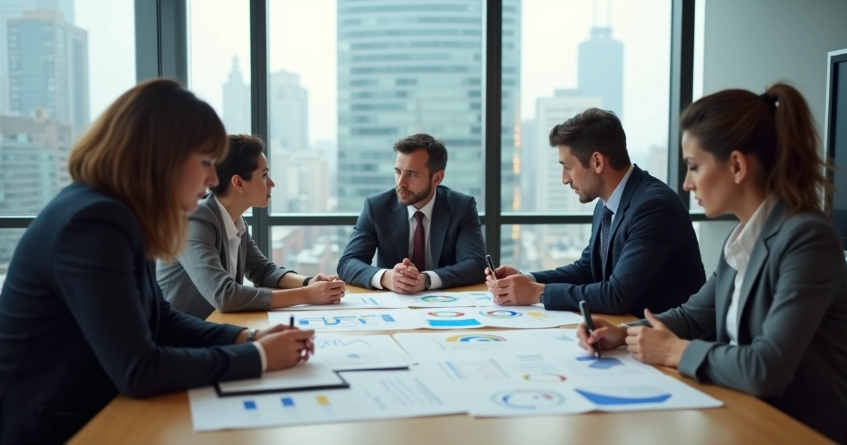 Reunión de equipo tomando decisiones éticas en una empresa 