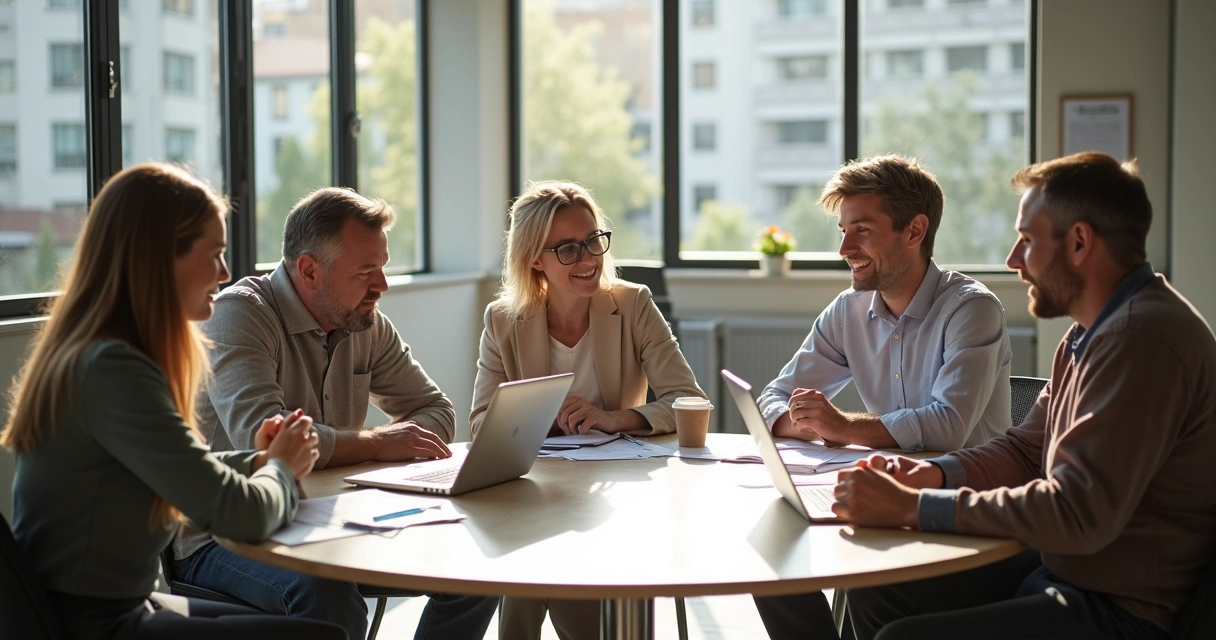 Personas conversando en equipo, analizando información en una sala iluminada.