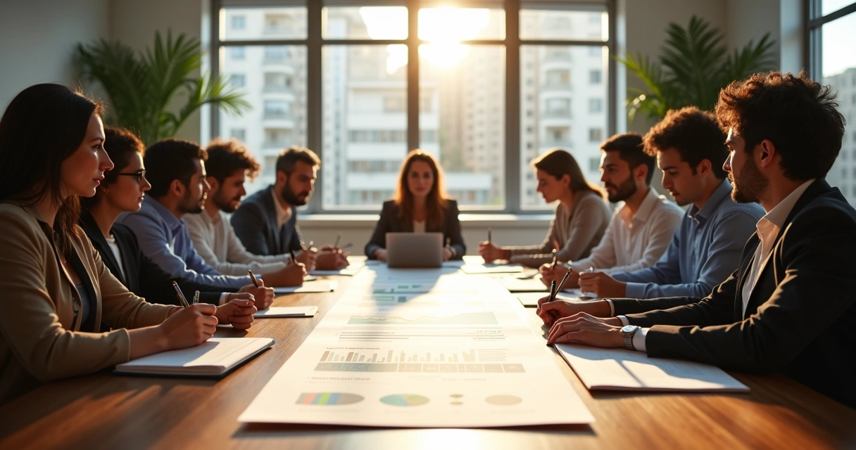 Personas en una sala de juntas debatiendo decisiones con un documento de principios éticos en la mesa