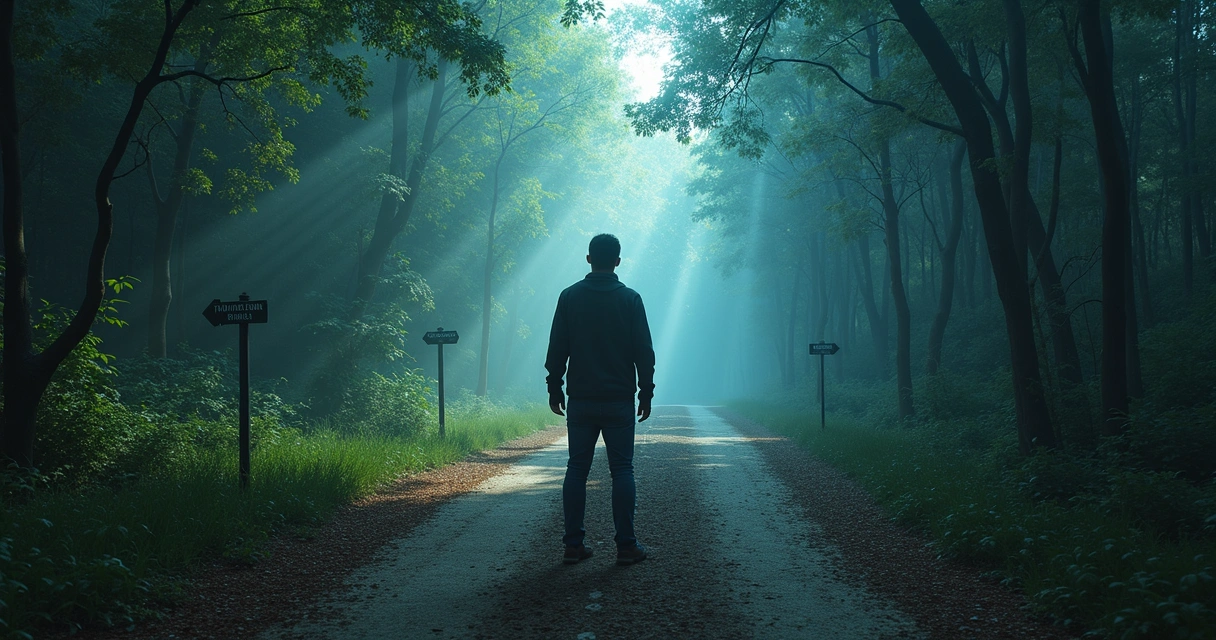 Persona ante un cruce de caminos en un bosque, con señales apuntando en distintas direcciones; un lado iluminado y tranquilo, el otro oscuro y caótico.