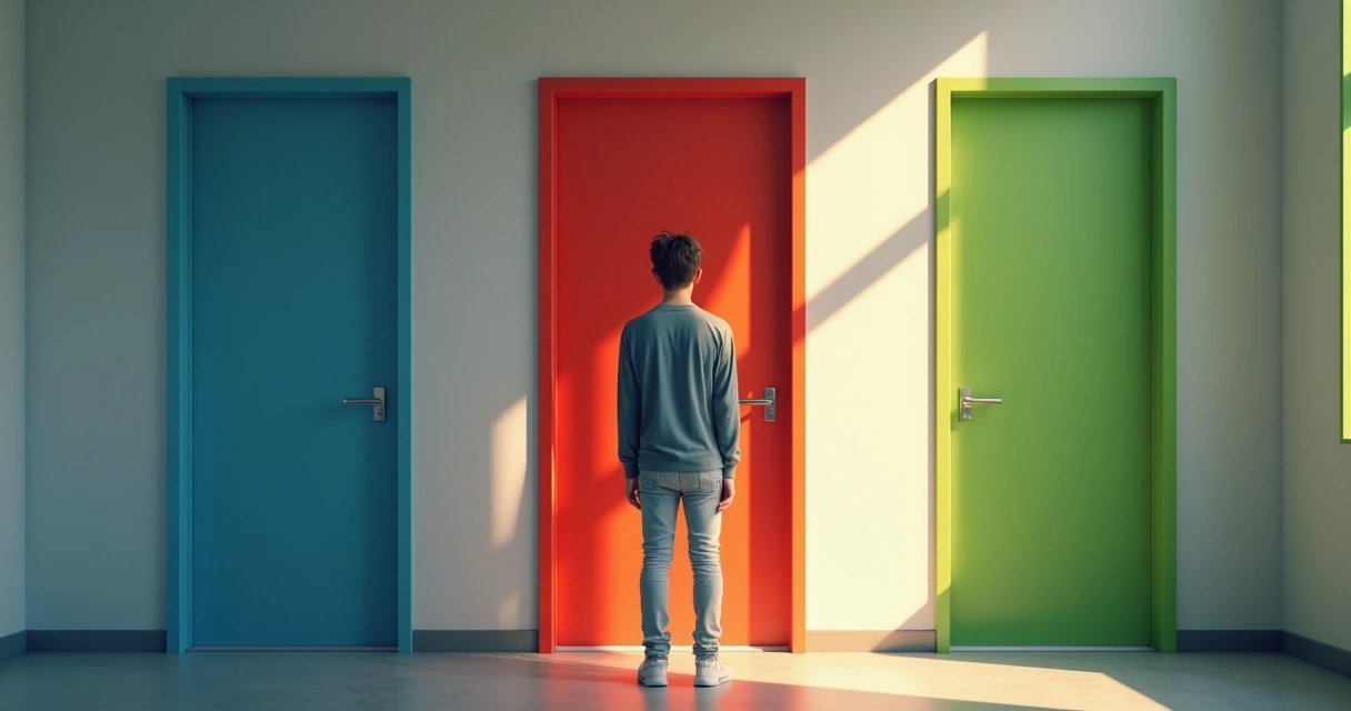 Persona indecisa frente a varias puertas 