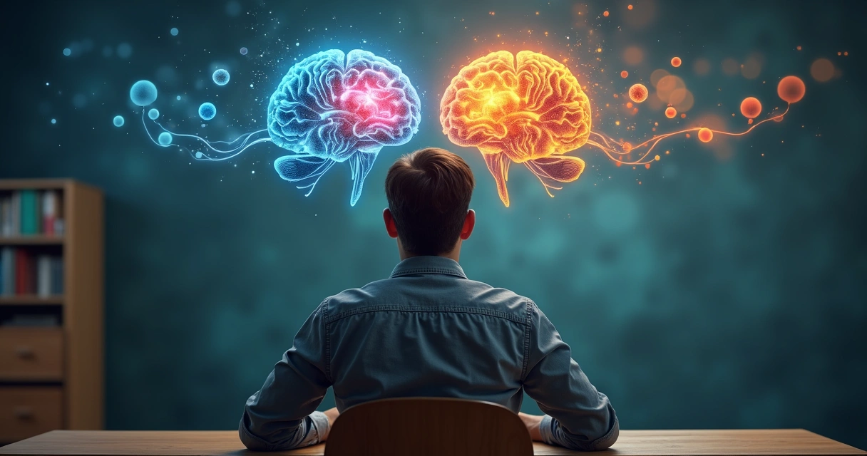 Persona en proceso de tomar decisiones con gráficos cerebrales al fondo 