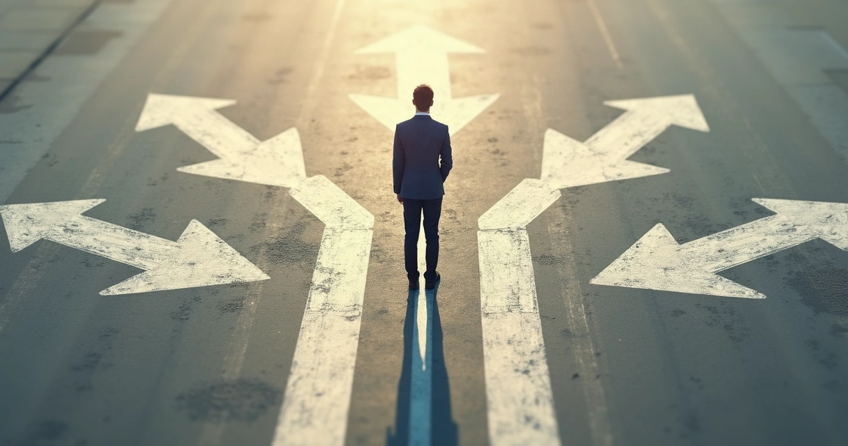 Persona observando varias flechas grandes dibujadas en el suelo, representando caminos diferentes. 