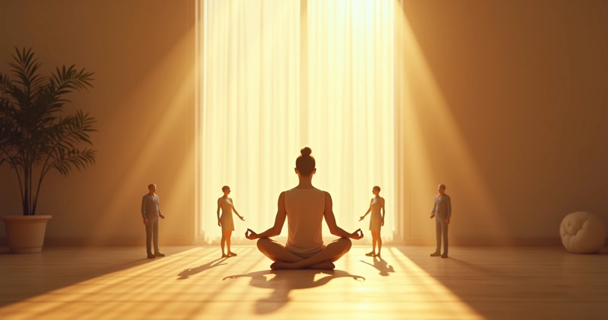 Persona meditando sola en una sala iluminada, figuras simbólicas a su alrededor. 