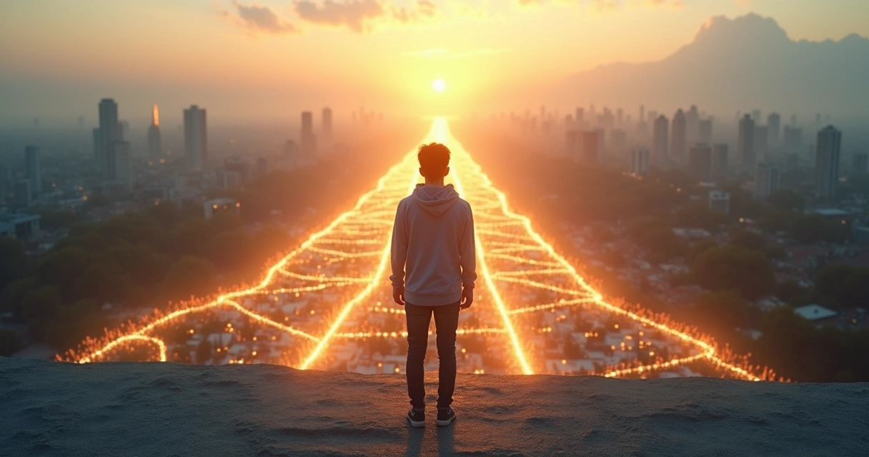 Persona en calma eligiendo entre caminos que conectan con una ciudad luminosa 