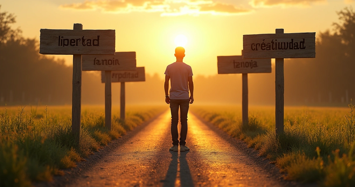 Persona eligiendo entre caminos con letreros de diferentes valores 