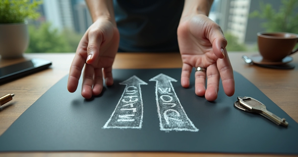 Manos eligiendo entre dos caminos con fondo citadino