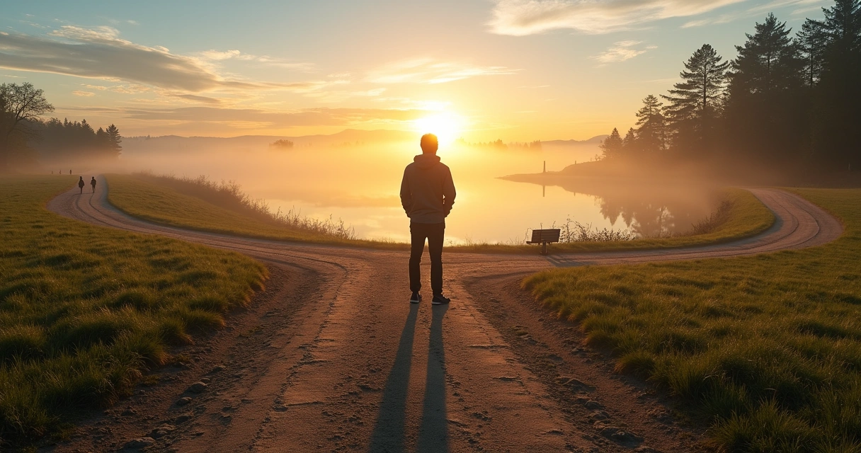Person standing between two paths symbolizing action and reflection 