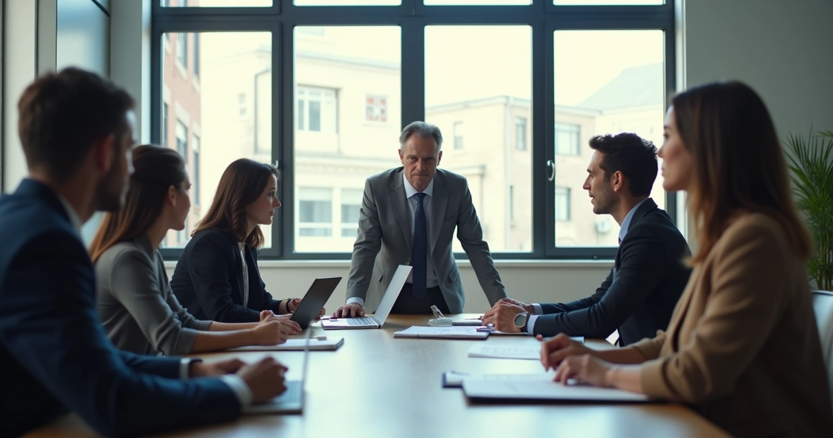 Reunião de trabalho com profissionais discutindo decisões, expressão serena 