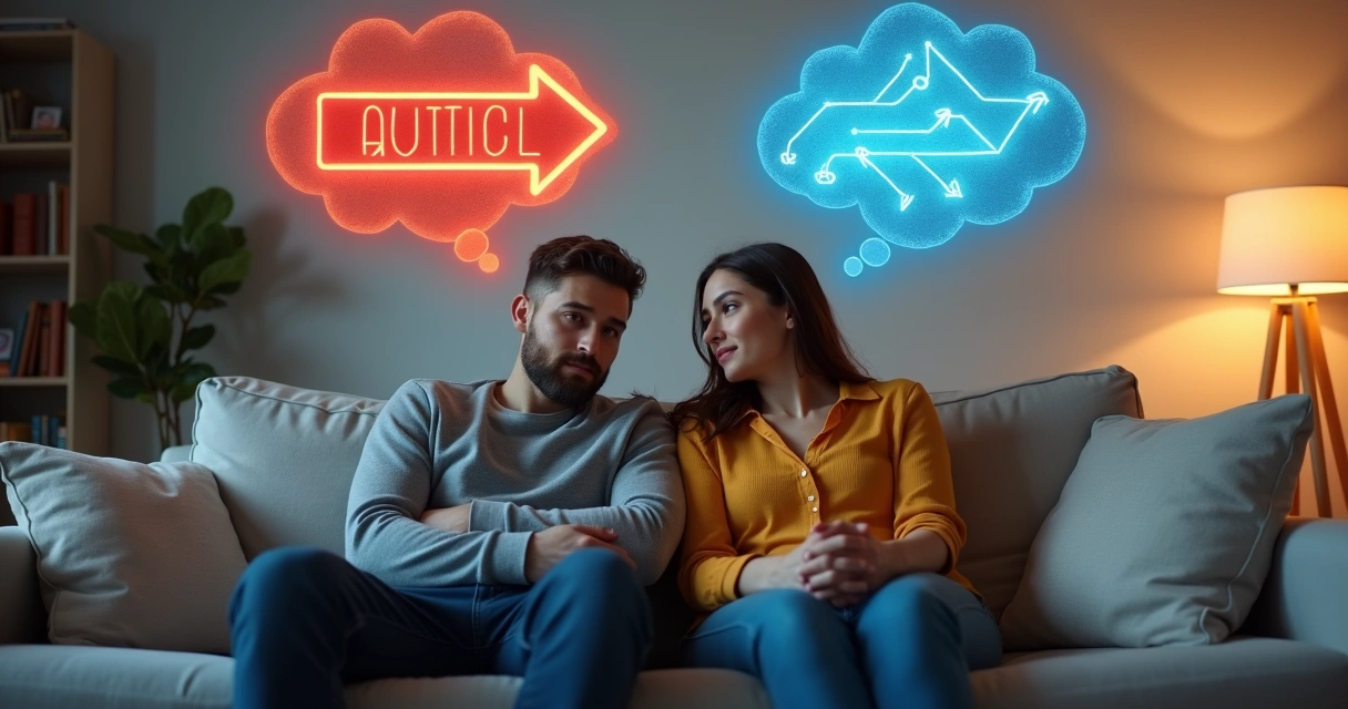 Casal sentado em um sofá olhando em direções opostas, cada um com pensamentos sobre escolhas diferentes 