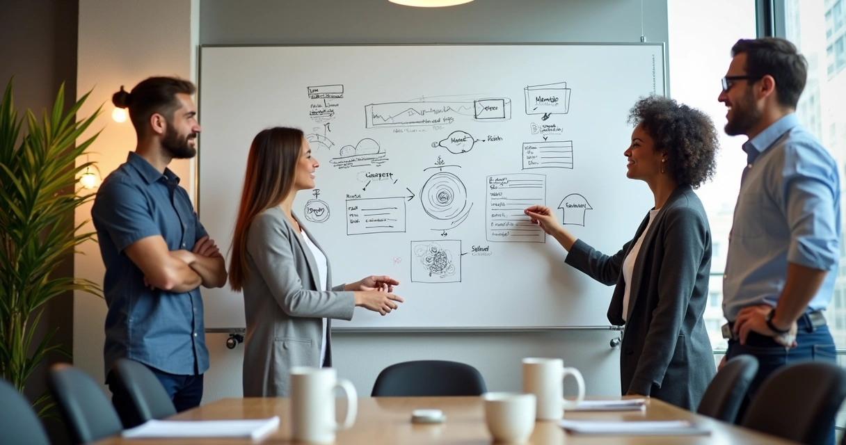 Equipe tomada de decisão coletiva diante de quadro branco em sala de reuniões