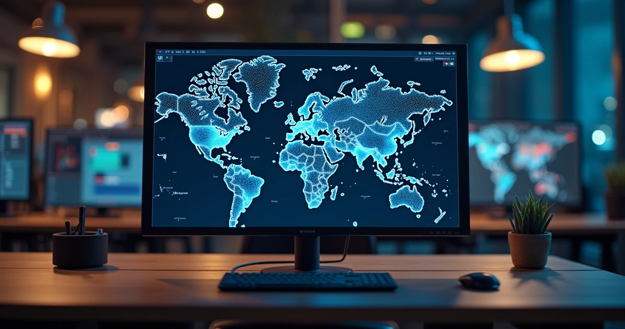 Computador mostrando gráficos detalhados de BI e Analytics em uma mesa moderna com ambiente corporativo ao fundo 