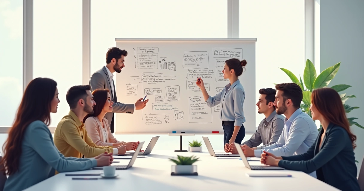 Pessoas em reunião colaborativa diante de um quadro branco em ambiente corporativo contemporâneo