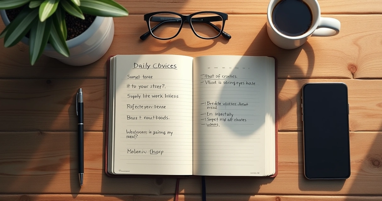 Caderno com escolhas diárias e café sobre mesa