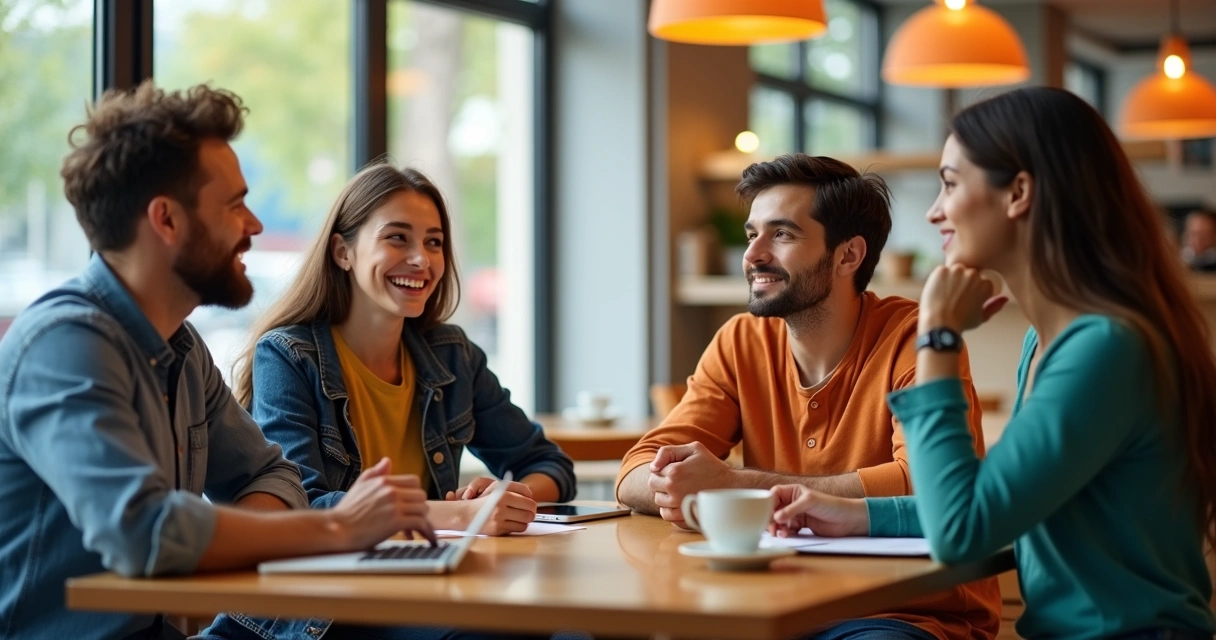 Pessoas tomando decisões em grupo em uma cafeteria 