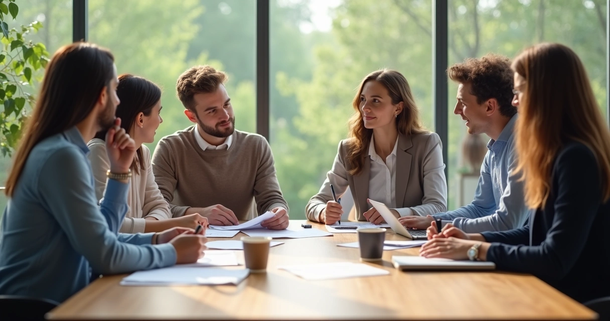 Equipe reunida em torno de uma mesa, discutindo decisões em um ambiente iluminado 