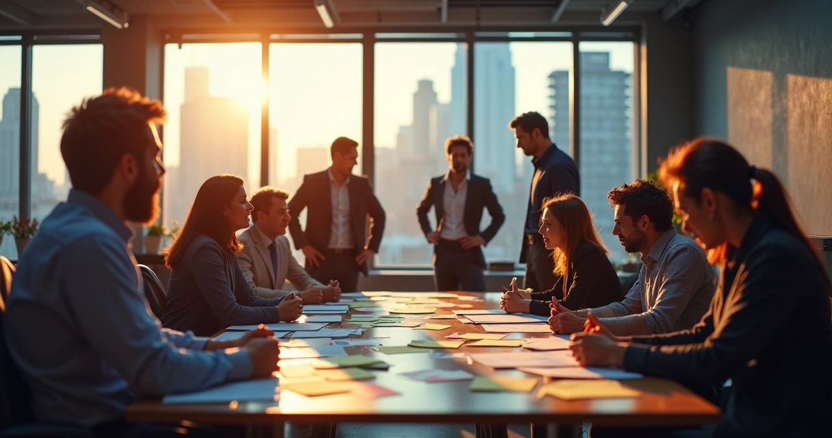 Colaboradores debatendo intensamente soluções em reunião, refletindo diferentes emoções. 