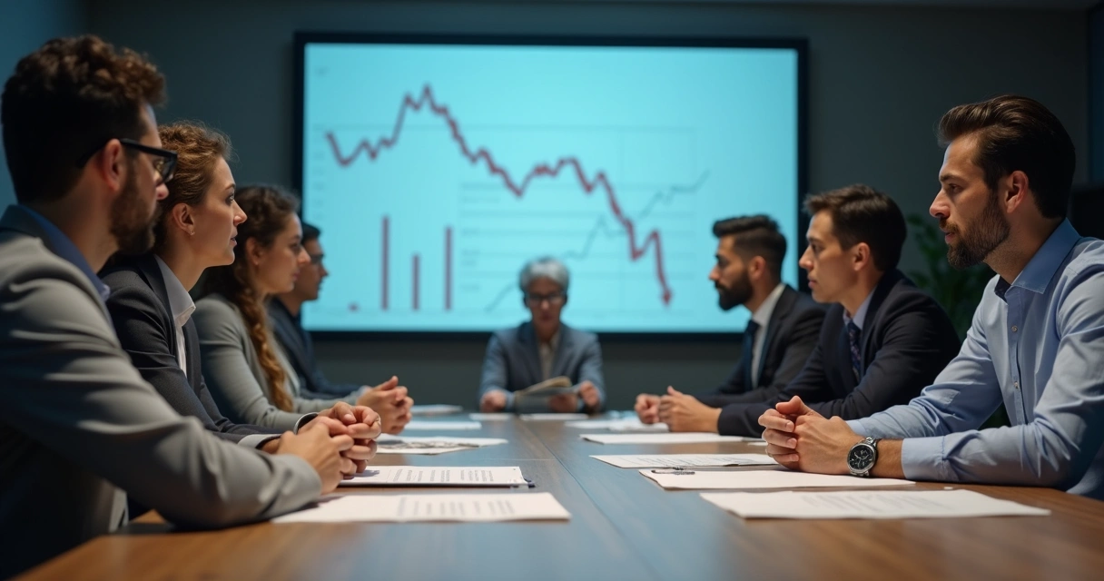 Pessoas reunidas em uma sala de reunião olhando preocupadas para gráficos na parede 