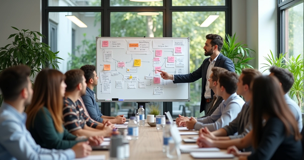 Reunião de equipe analisando decisões estratégicas com quadro branco e anotações 